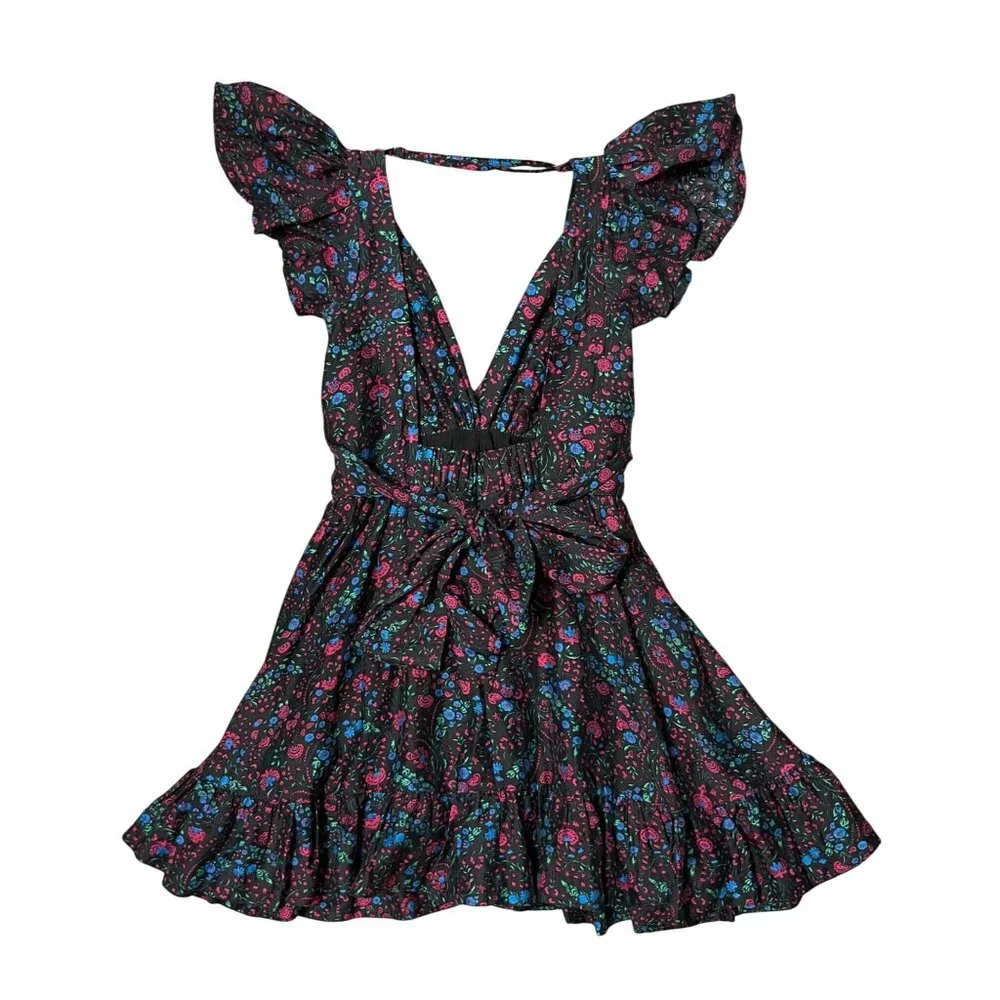 $232 Anthropologie Sabina Musayev S Black Mini Dress Floral Backless Ruffle Pink